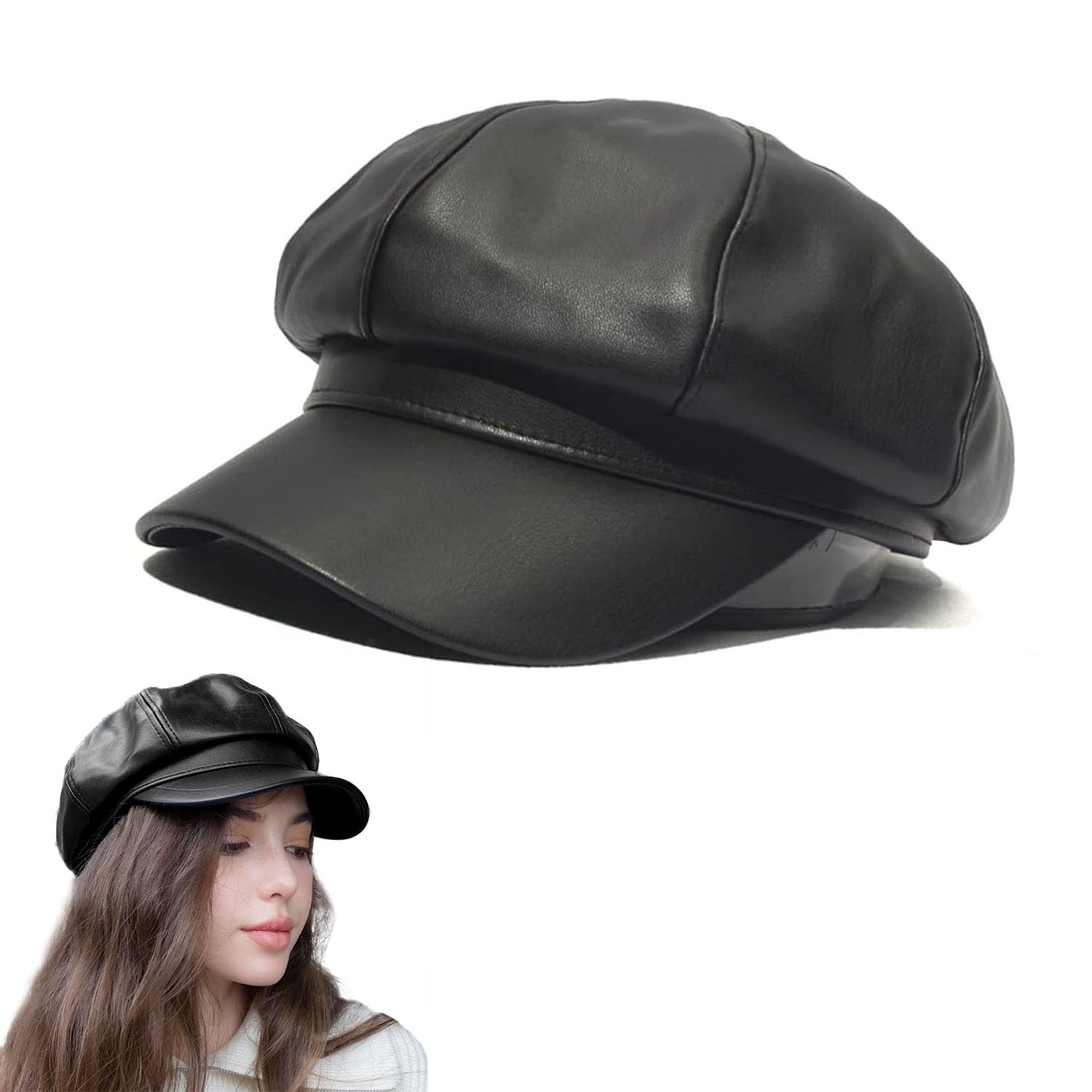 huablo]PU Leather Newsboy Caps for Women,Beret Hat, Paperboy Hat
